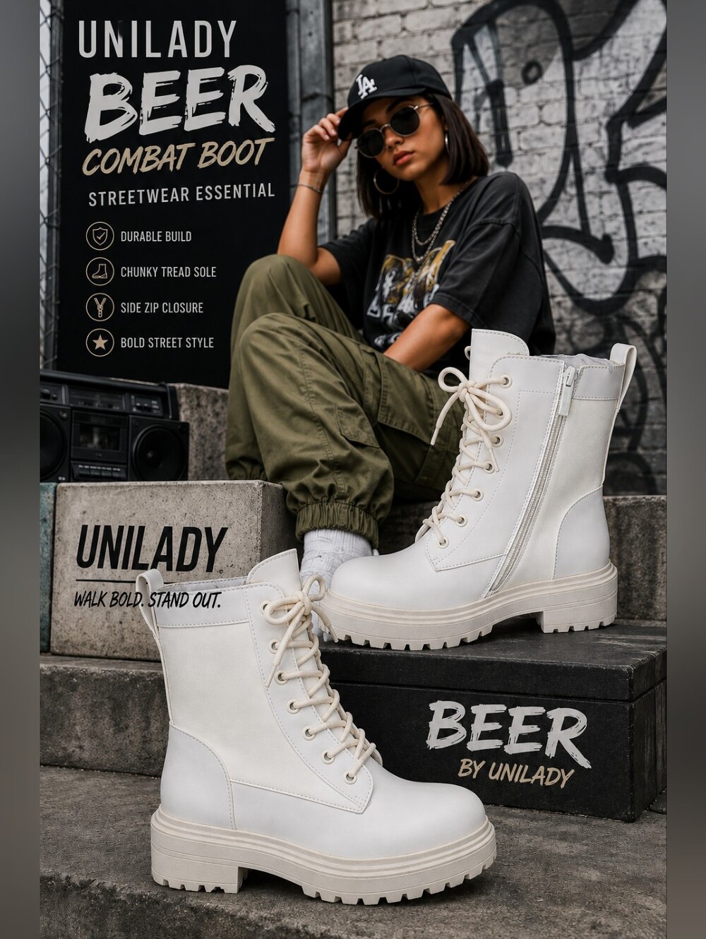 🤍 Unilady “Beer” Combat Boots – Cream – Women’s Size 7.5 – New in Box